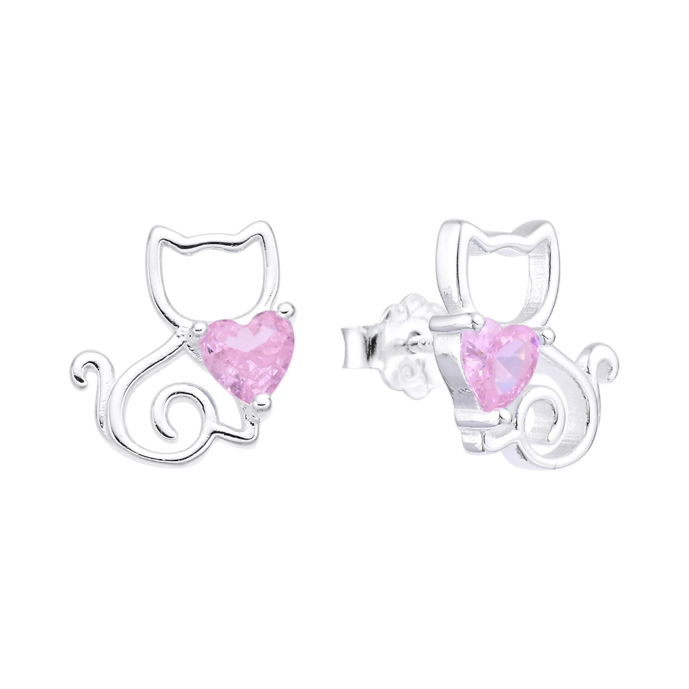 ARETE DE PLATA 925 GATO -CORAZON ROSA